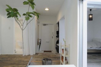 玄関、古材、床、壁塗装、植物、スタイル工房