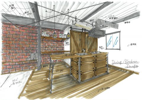 戸建てリノベーション、スクールバス空間設計、完成パース図、木張りキッチン、ブルックリンスタイル