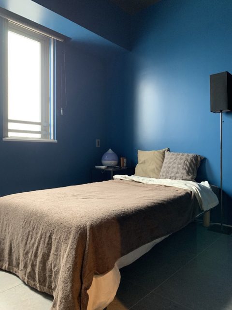 マンションリノベーション、錬、ブルー壁、寝室インテリア、アースカラー