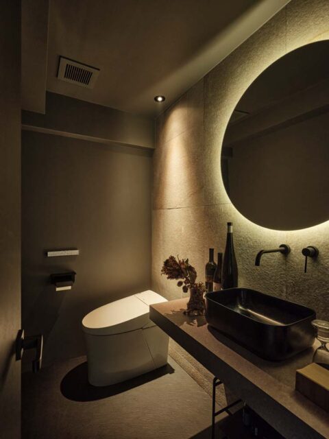 マンションリノベーション、ハコリノベ、ホテルライク、間接照明、トイレ手洗い器