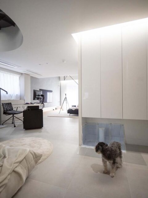 マンションリノベーション、CLOCK(クロック)、愛犬と暮らす、ペットトイレ、リビング収納
