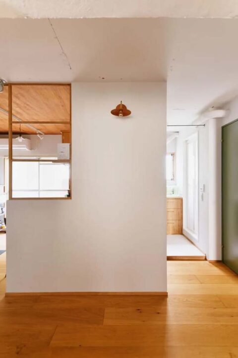 マンションリノベーション、ゼロリノベ、ウッドフレーム、板張り天井、室内窓