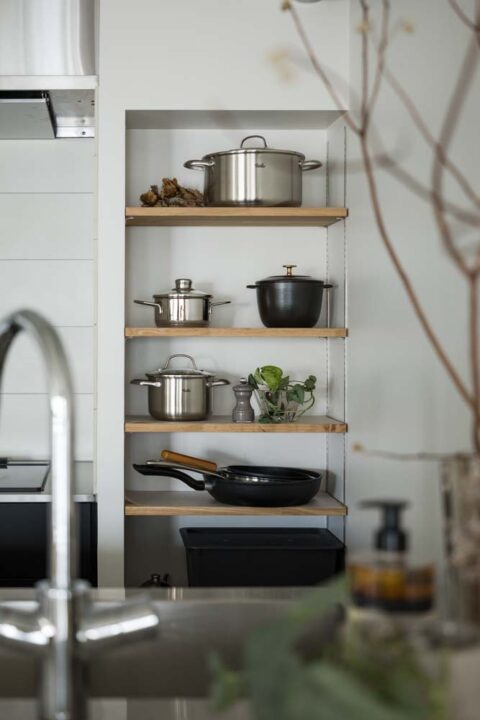 マンションリノベーション、ハコリノベ、調理器具、見せる収納、オープン収納