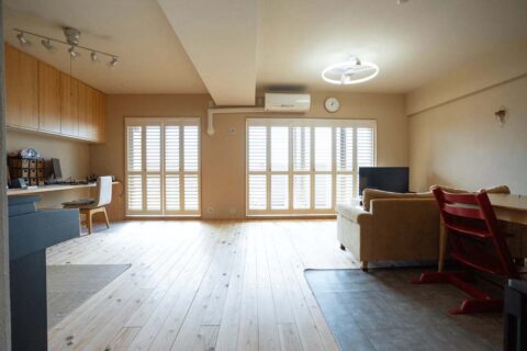 マンションリノベーション、駿河屋、ワークスペース、杉無垢、オープンプラン