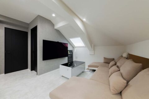 戸建てリノベーション、One's Life Home、アーチ天井、壁掛けテレビ、変形間取り