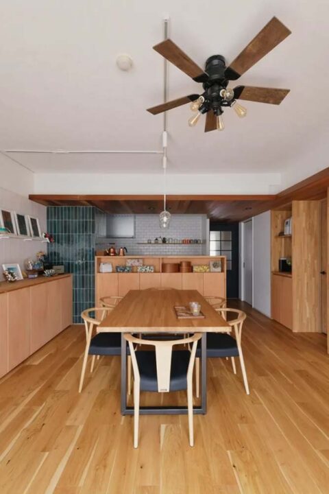 マンションリノベーション、夢工房、シーリングファン、造作収納、オーク無垢材