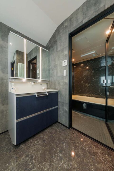 戸建てリノベーション、One's Life Home、ガラス扉、三面鏡、ライン照明