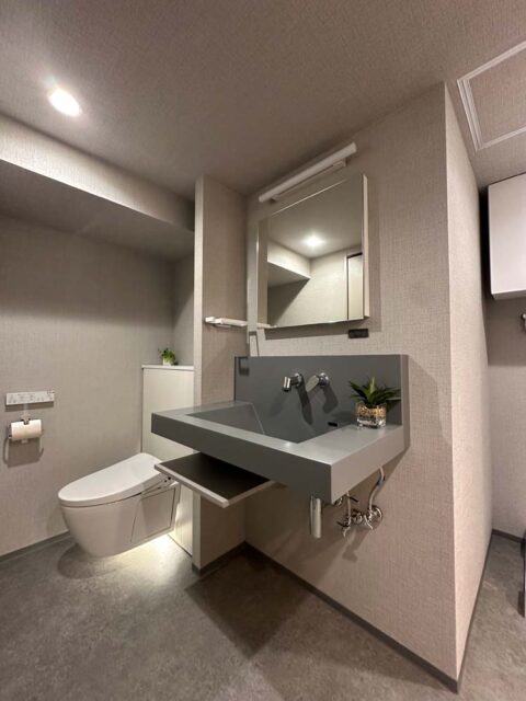 マンションリノベーション、リノベーション東京、カウンター洗面台、壁出し水栓、グレー