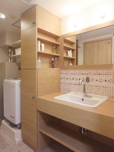 マンションリノベーション、水工房、造作洗面台、タイル壁、トール収納