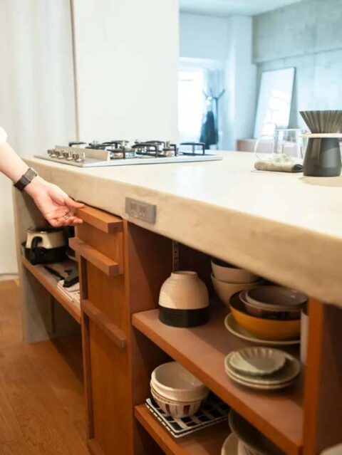 マンションリノベーション、ゼロリノベ、オープン収納、キッチン収納、食器入れ