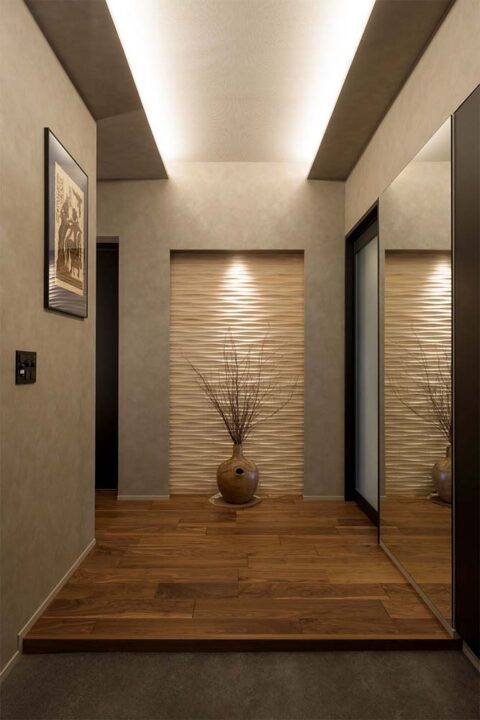 マンションリノベーション、インテリックス空間設計、アクセントウォール、スポットライト、ホテルライク