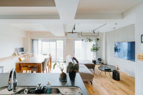 マンションリノベーション、湘南リフォーム、躯体現し、カウンター、壁掛けテレビ