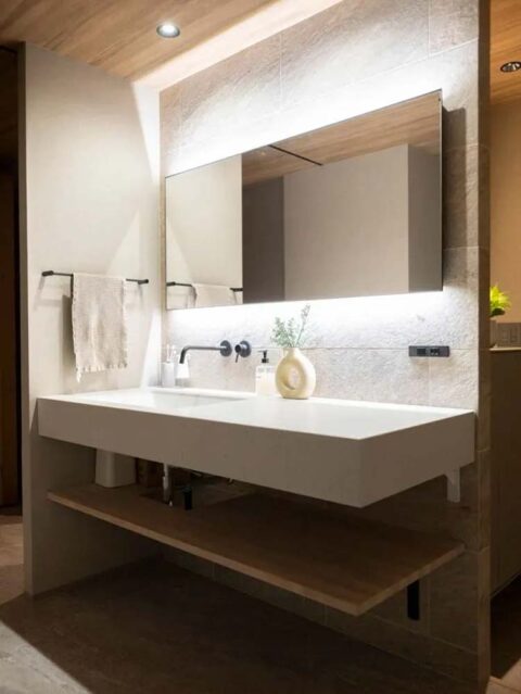 マンションリノベーション、ゼロリノベ、オープン洗面台、壁出し水栓、ボウル一体カウンター