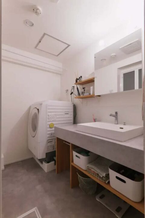 マンションリノベーション、夢工房、造作洗面台、オープン収納、ベッセル式