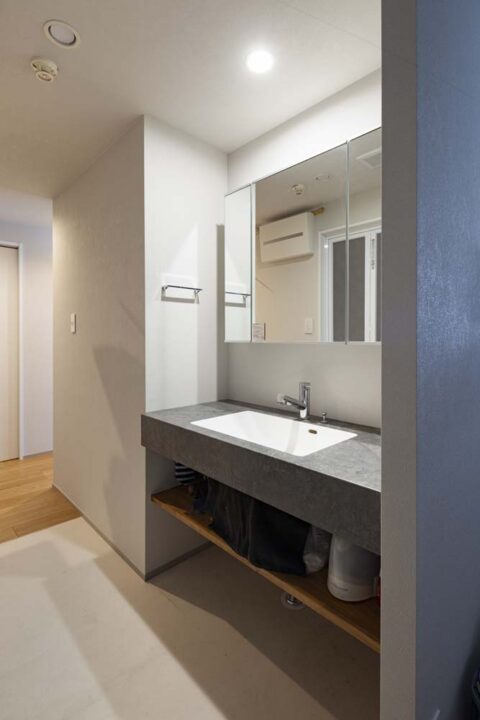 マンションリノベーション、ひかリノベ、回遊動線、オープン洗面台、引き戸
