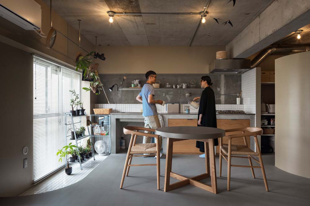 マンションリノベーション、ハコリノベ、タイル床、インナーテラス、壁付けキッチン