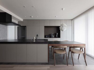 「リノベーションスタジオKULABO 」の「グレイッシュカラーでホテルライクな住まいに。造作キッチンを空間に馴染ませたリノベーション」