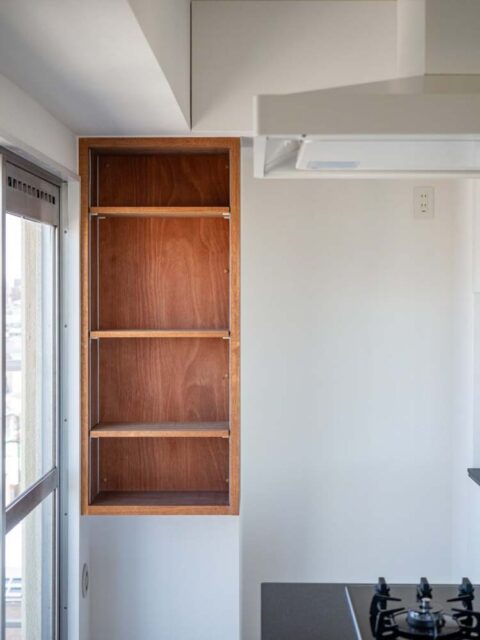 マンションリノベーション、エキップ、ラワン材、オープン収納、キッチン収納