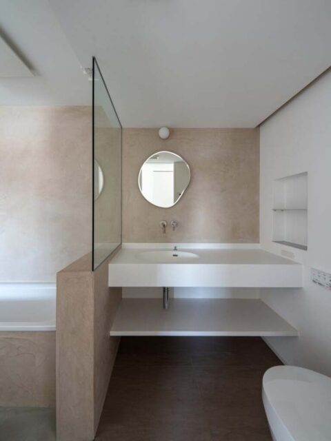 マンションリノベーション、エキップ、カウンター洗面、オープン収納、ガラス仕切り