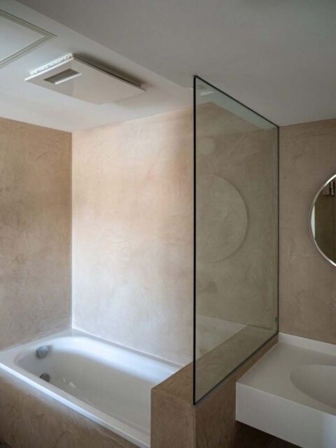 マンションリノベーション、エキップ、バスルーム、モールテックス、ガラス仕切り