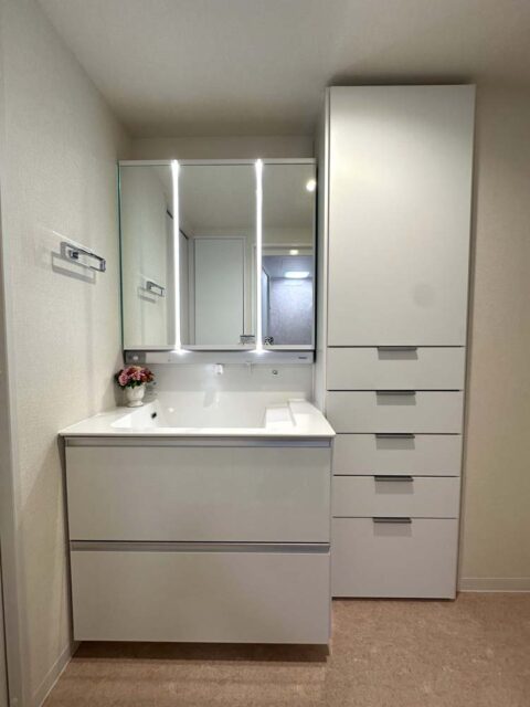 マンションリノベーション、リノベーション東京、造作家具、洗面収納、引き出し収納