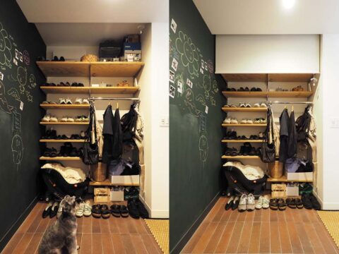 マンションリノベーション、空間社、玄関収納、シューズクローゼット、黒板