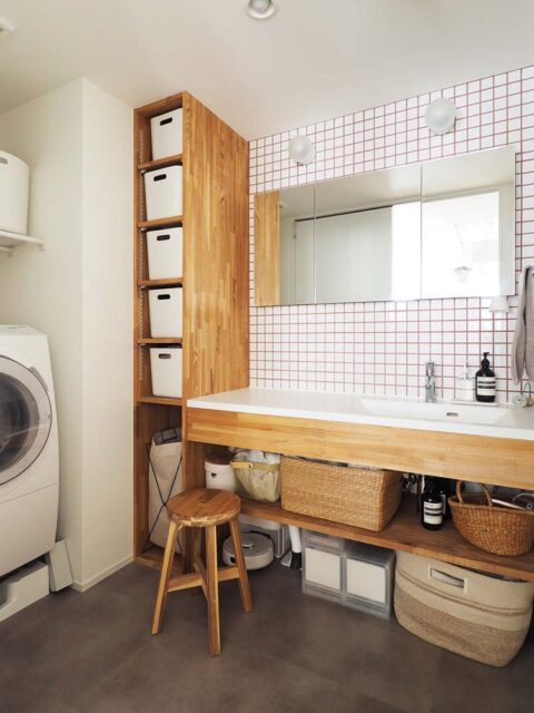 マンションリノベーション、空間社、タイル壁、カラー目地、オープン収納