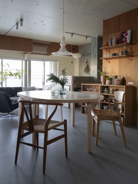 マンションリノベーション、ゼロリノベ、北欧、丸テーブル、ダクトレール