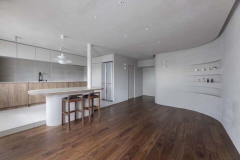 マンションリノベーション、リノベーションスタジオKULABO、床上げ、排水経路、楕円形テーブル