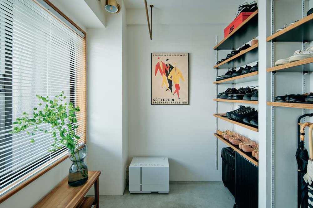 マンションリノベーション、G-FLAT(ジーフラット)、玄関土間、室内干し、ベンチ