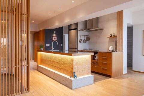 マンションリノベーション、ハンズデザイン一級建築士事務所、アイランドキッチン、II型キッチン、縦格子