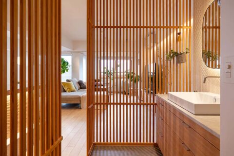 マンションリノベーション、ハンズデザイン一級建築士事務所、縦格子、洗面室、ホテルライク