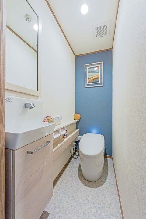 戸建てリノベーション、フレッシュハウス、アクセントウォール、タンクレストイレ、トイレ手洗い器