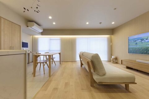 マンションリノベーション、マイリノbyグローバルベイス、LDK、自然素材、バーチカルブラインド