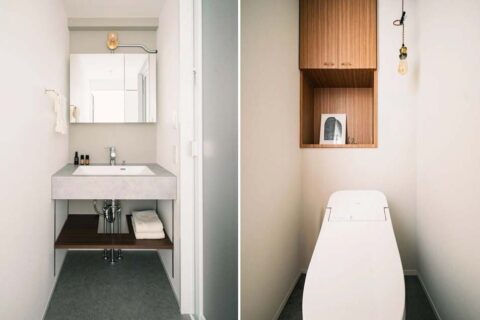 マンションリノベーション、株式会社Standard、造作洗面台、真鍮、ブラケット照明
