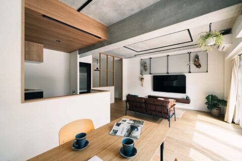 マンションリノベーション、株式会社Standard、下がり天井、躯体現し、オープンキッチン