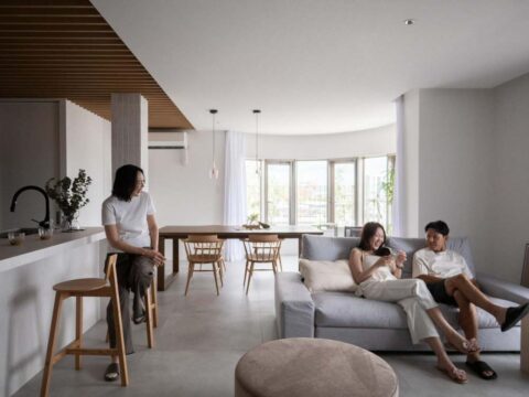マンションリノベーション、CLOCK(クロック)、タイル床、ルーバー天井、LDK